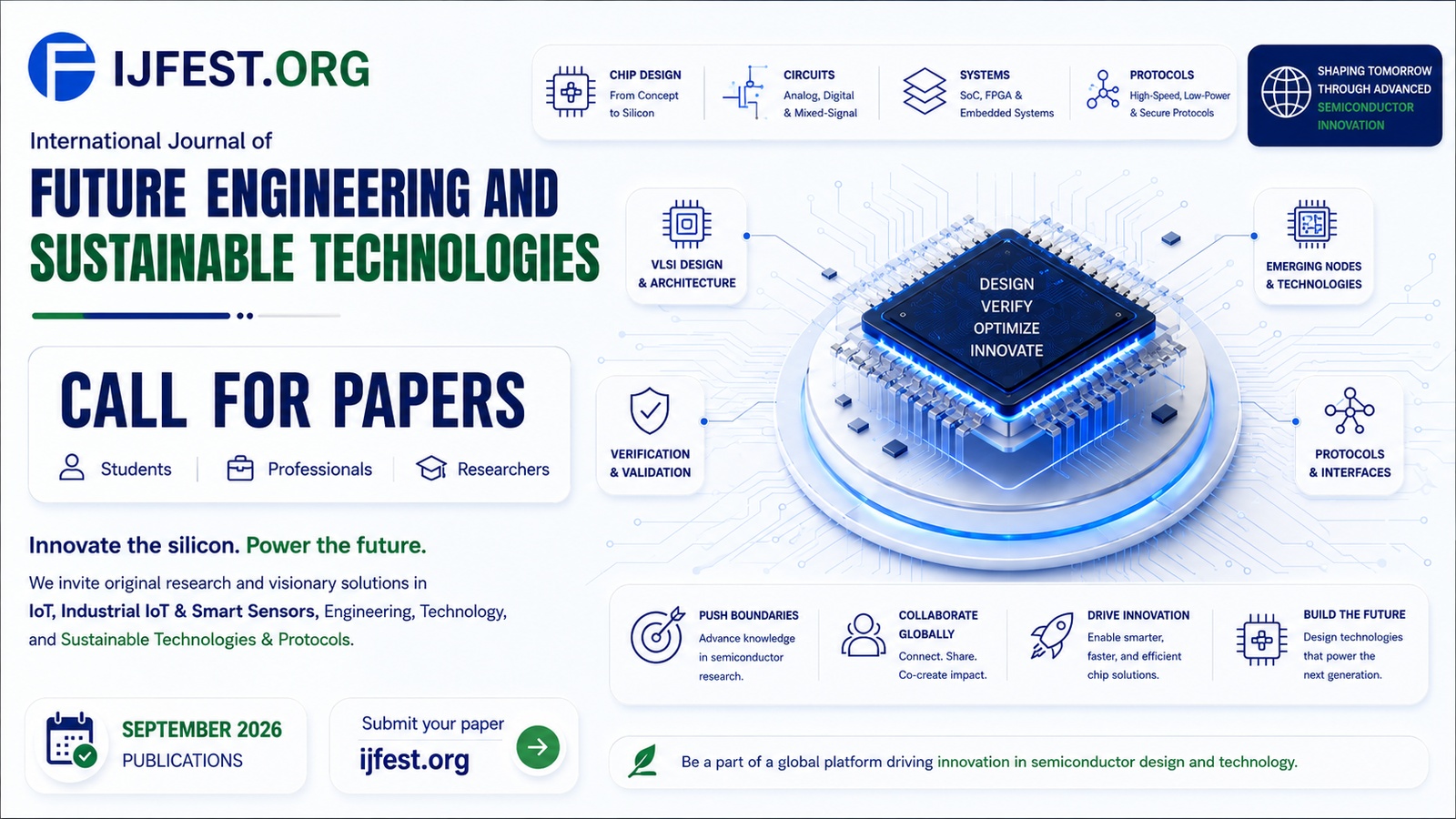 Call for papers — semiconductors and VLSI design technologies. Chip design, circuits, systems and protocols. Publications September 2026.